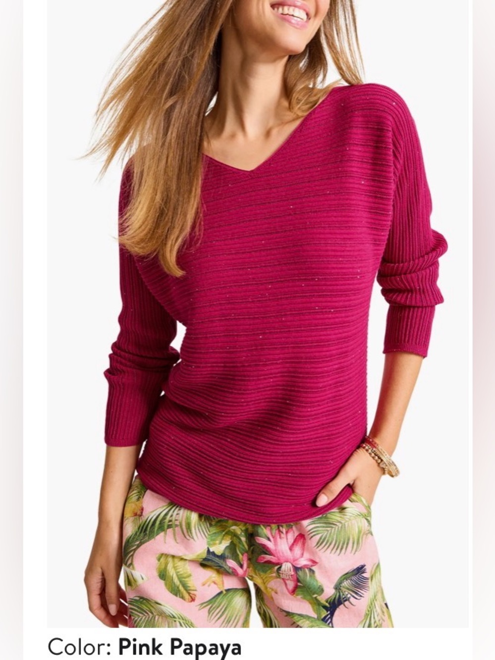 Tommy Bahama Fuchsia Ribbed V-Neck Women’s Top size L NWT Pink Papaya sparkly